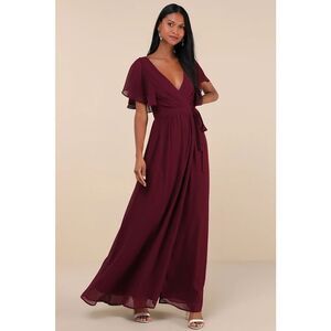Lulus Convincing Grace Burgundy Flutter Sleeve Wrap Maxi Dress Size XL NWT